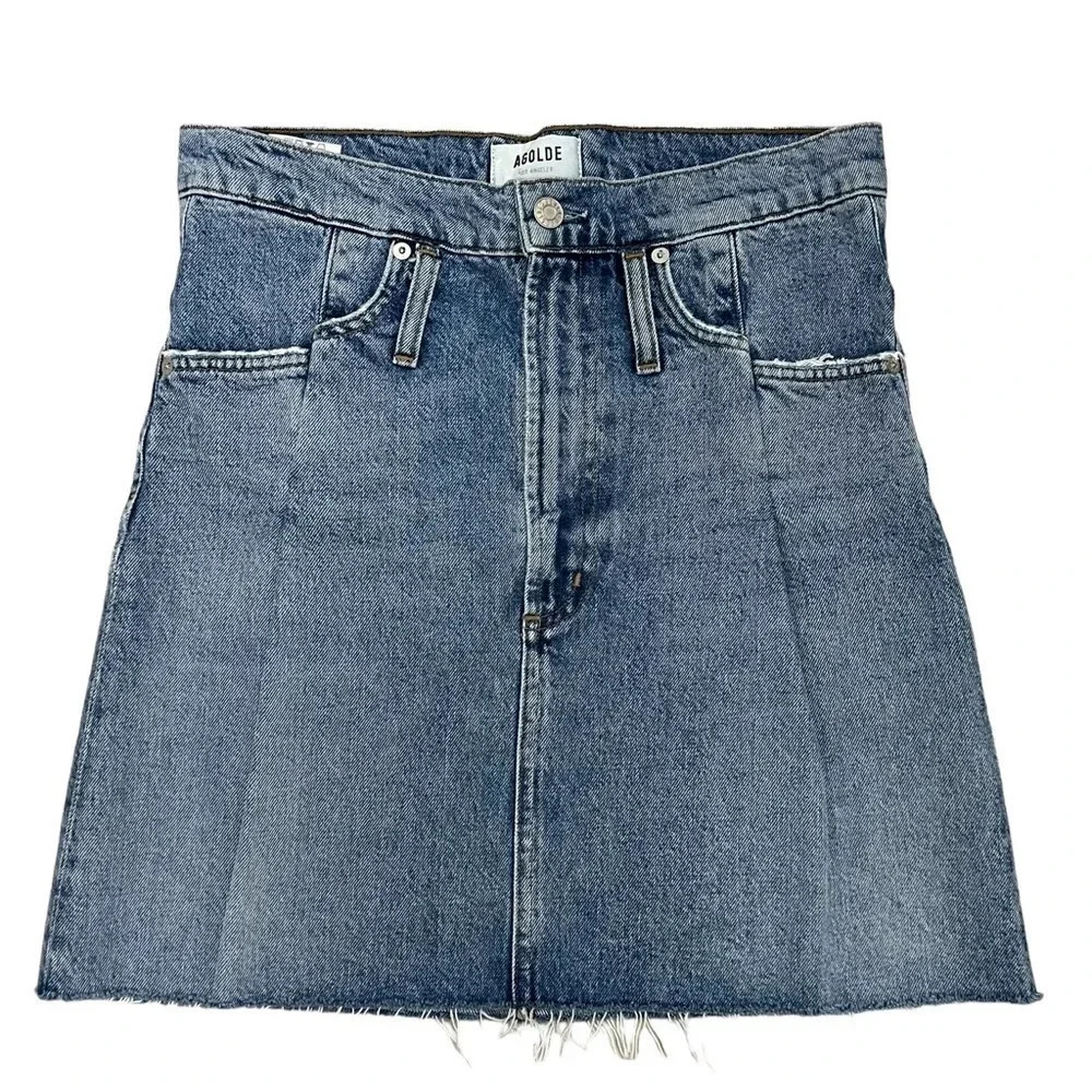 AGOLDE 90's Denim Mini Jean Skirt High Waisted Blue Cotton Festival Size 24 - Picture 6 of 13